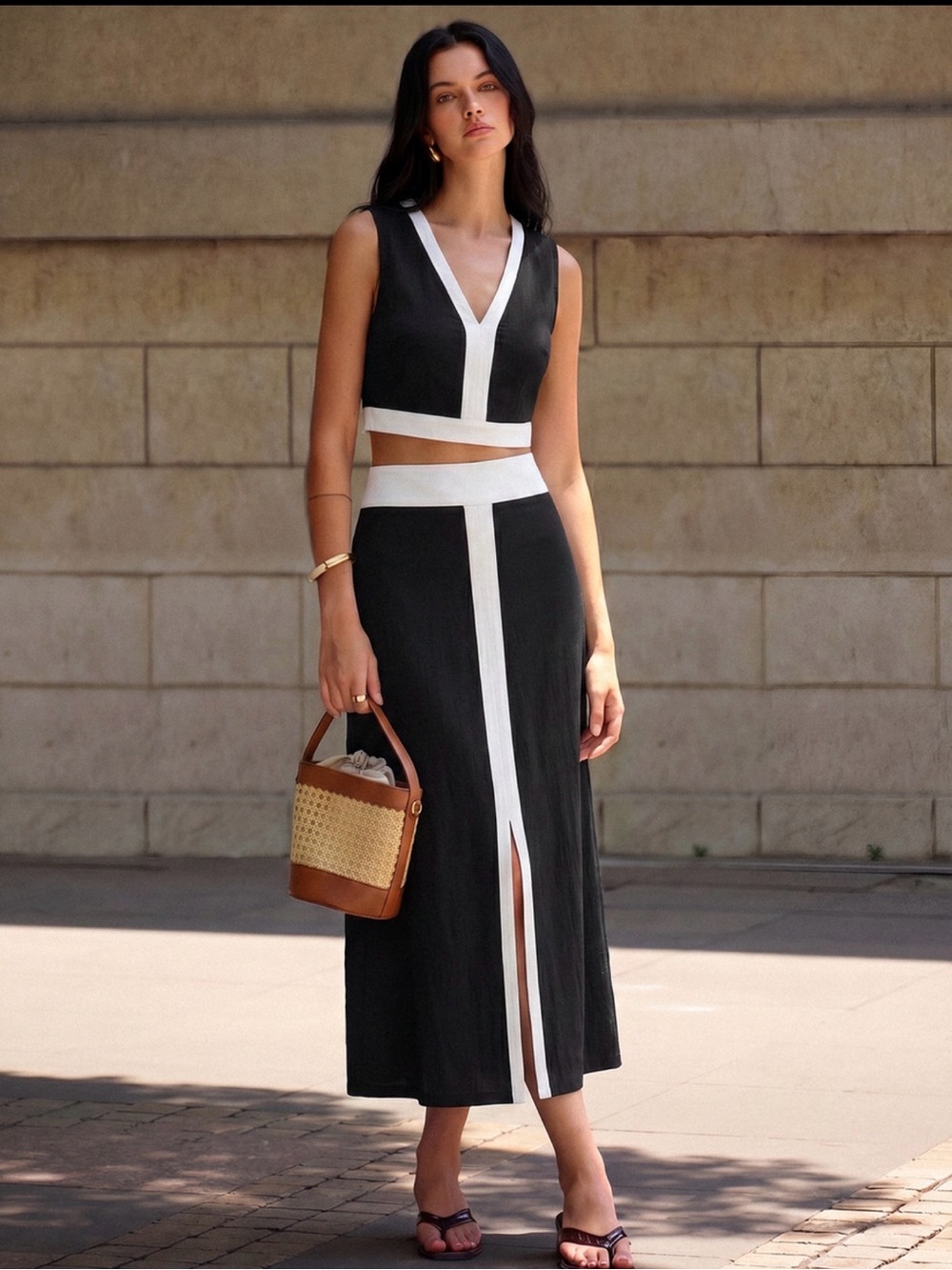 Commense Black and White Maxi Skirt Set - Colorblock Two-Piece